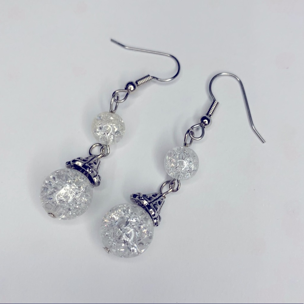 Handmade White and Silver Beaded Earrings